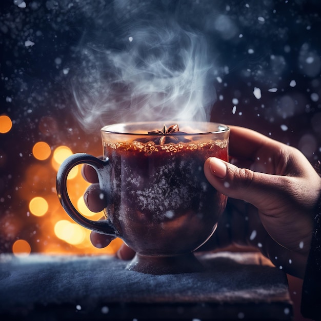 Foto una mano que sostiene una taza de vino caliente o sidra al aire libre con copos de nieve visibles