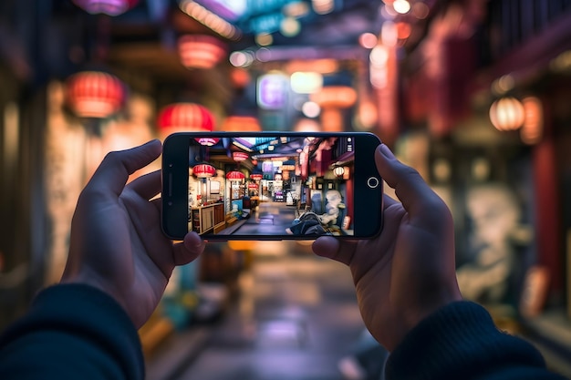 Mano que sostiene el teléfono inteligente con fondo bokeh de luces de la ciudad nocturna