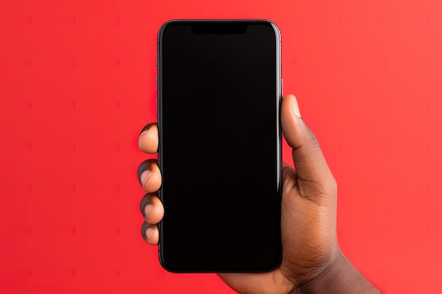 Mano que sostiene el teléfono inteligente con una pantalla en blanco negra aislada en un fondo rojo