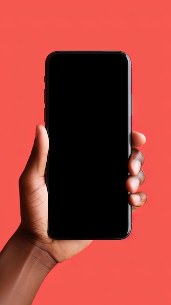 Mano que sostiene el teléfono inteligente con una pantalla en blanco negra aislada en un fondo rojo