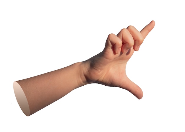 Una mano que usa dos dedos para sostener y medir un gran objeto invisible aislado en blanco