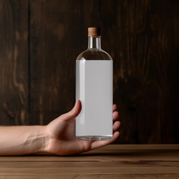 Foto mano realista sosteniendo una botella de ginebra vacía sobre un fondo de madera