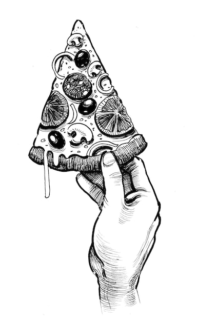 Mano con una rebanada de pizza. Dibujo a tinta en blanco y negro