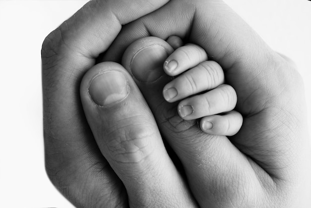 La mano de un recién nacido dormido en la mano de los padres madre y padre primer plano Dedos diminutos de un recién nacido La familia se toma de la mano Fotografía macro en blanco y negro Conceptos de familia y amor