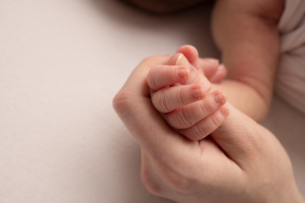 La mano de un recién nacido dormido en la mano del primer plano de la madre y el padre Dedos diminutos de un recién nacido La familia se está tomando de la mano Fotografía macro de estudio Conceptos de familia y amor