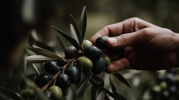 Mano recogiendo aceitunas verdes y negras en la rama del árbol