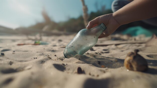 Foto mano recogiendo una botella de vidrio de una playa ecológica contaminada creada con ia.