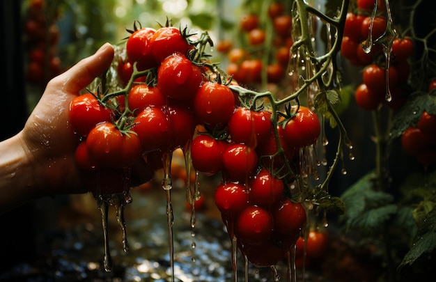 Una mano recogiendo tomates frescos de una vid en un jardín Más información sobre cómo se cultivan los tomates