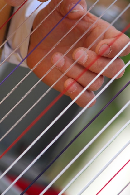 Mano recortada con cuerdas de colores