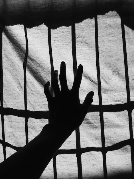 La mano recortada tocando la sombra en la pared