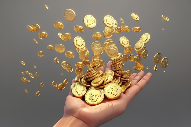 Mano de renderizado 3D con monedas de oro en la palma