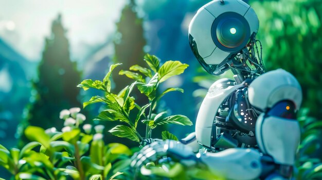 Foto la mano del robot cuidando las plantas del jardín