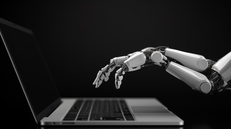 Foto la mano del robot escribiendo en la computadora el concepto de la ia en 3d