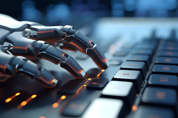 La mano de un robot está tocando un teclado negro.