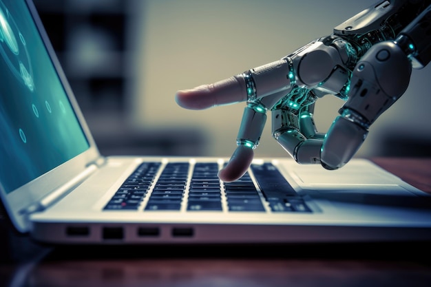 mano de robot futurista presiona el botón en el teclado diseño tecnológico conceptual concepto de inteligencia artificial robótica chatbot