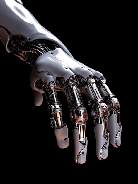 Mano de un robot Imagen detallada de una anatomía robótica de cerca Fondo negro IA generativa