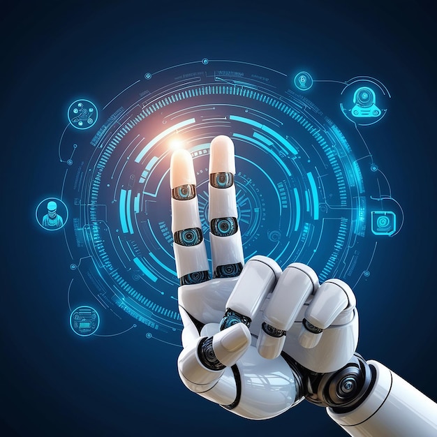 La mano de un robot de inteligencia artificial tocando un dedo humano en un fondo azul oscuro con una tecnología digital
