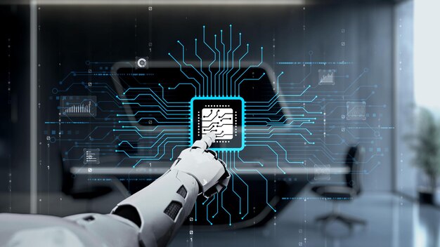 La mano del robot interactuando con la interfaz de la placa de circuitos digitales en el entorno moderno de la oficina Auvana