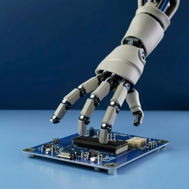 Una mano de robot llega hasta una placa de circuito con un fondo azul