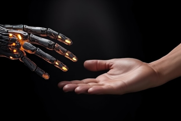 La mano de un robot metálico con circuitos luminosos extendida a la mano de un humano para un apretón de mano El humano se acerca al robot demostrando la humanidad apretones de mano amigables con la tecnología Asociación de humano y robot