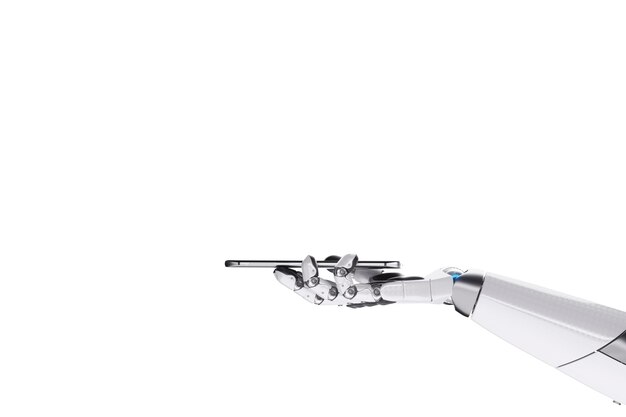 Mano de un robot moderno que sostiene un teléfono inteligente aislado en un primer plano de fondo blanco