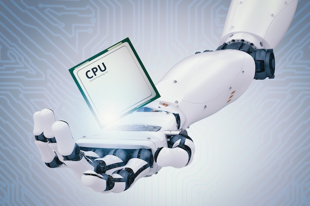 Mano de robot de renderizado 3D con chip de cpu o microchip