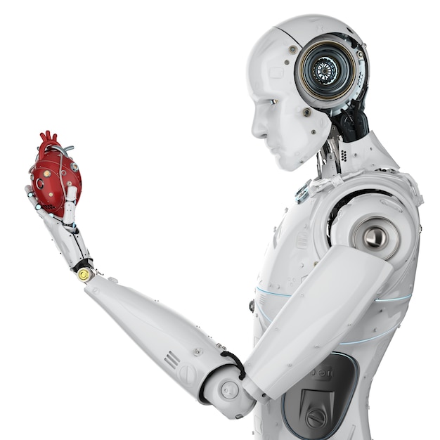 Mano de robot de renderizado 3D sosteniendo corazón robótico rojo aislado en blanco