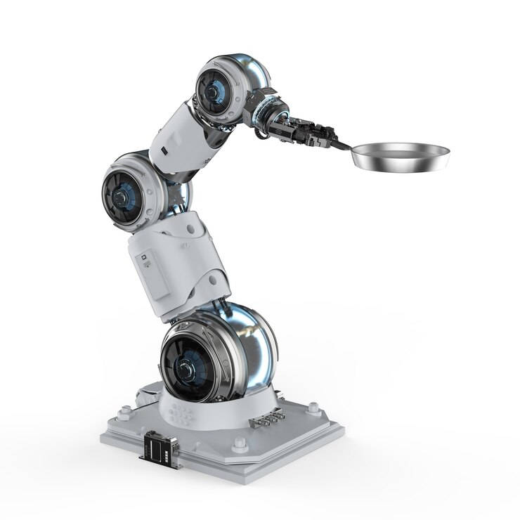 Foto mano de robot de renderizado 3d sosteniendo una sartén aislado en blanco