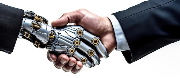 la mano del robot sacude la mano del hombre de negocios humano