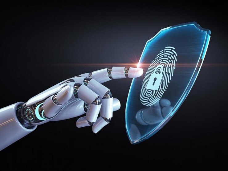 La mano del robot de seguridad digital AIPowered protege los datos de las huellas dactilares