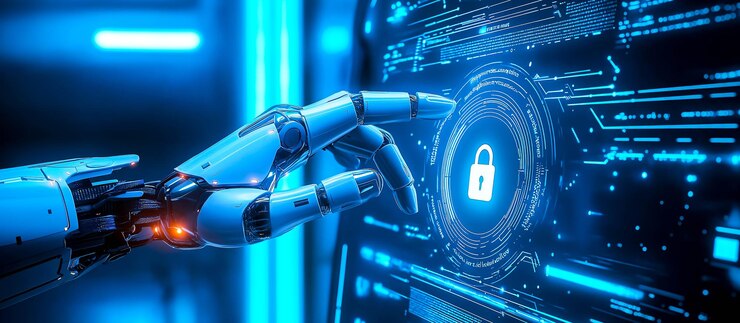 Una mano robot señala hacia una pantalla holográfica que muestra símbolos de seguridad cibernética Generative Ai