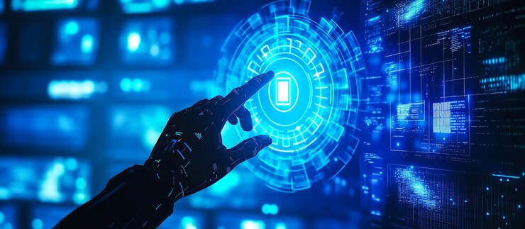 Una mano robot señala hacia una pantalla holográfica que muestra símbolos de seguridad cibernética Generative Ai