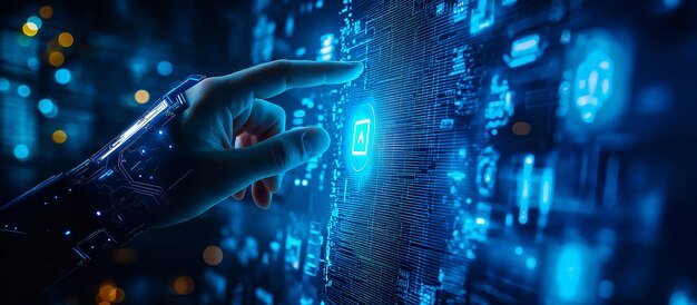 Una mano robot señala hacia una pantalla holográfica que muestra símbolos de seguridad cibernética Generative Ai