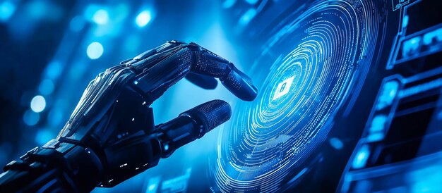 Una mano robot señala hacia una pantalla holográfica que muestra símbolos de seguridad cibernética Generative Ai