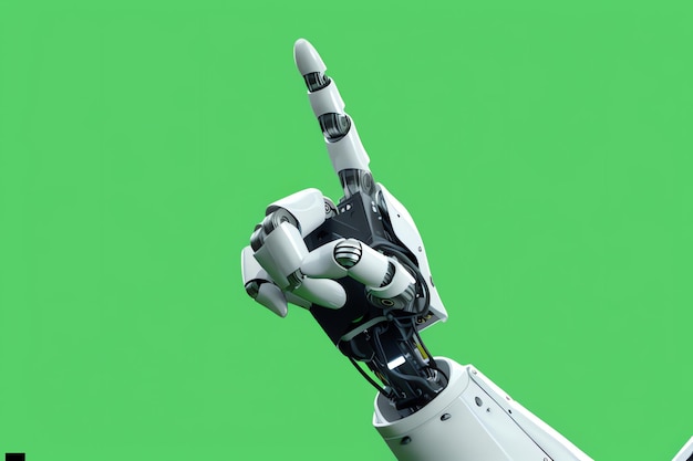 La mano del robot señalando con el dedo índice aislado en fondo verde