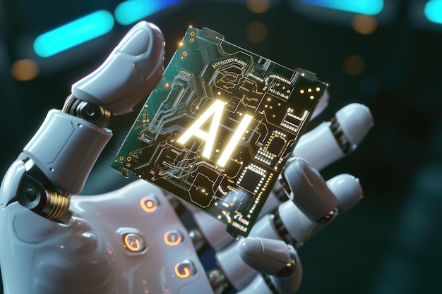 La mano del robot sostiene el chip del procesador Ai Concepto de entrenamiento de inteligencia artificial