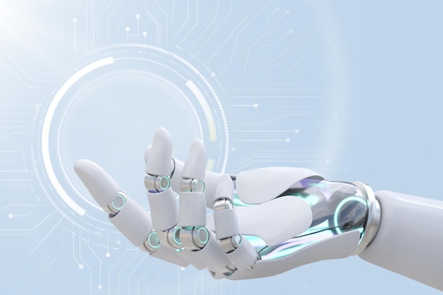 Mano del robot vista lateral de fondo que presenta el gesto de la tecnología