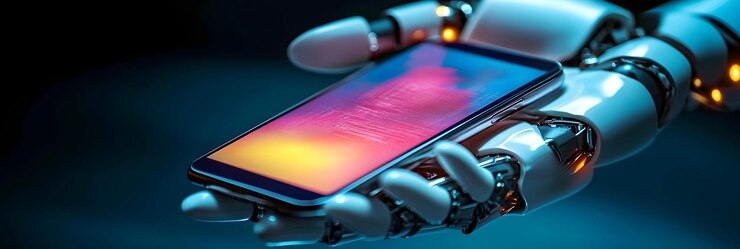Foto mano robótica agarrando un teléfono inteligente brillante