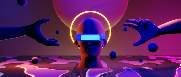 Mano robótica con cerebro mental en concepto saludable videojuego de fondo abstracto de esports scifi gaming cyberpunk vr simulación de realidad virtual y representación de ilustración 3d metaverso