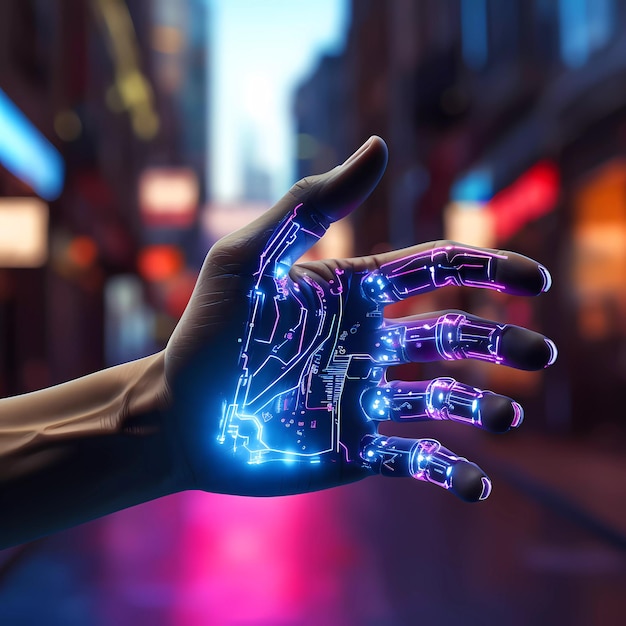 La mano robótica cibernética futurista en el estilo cyberpunk
