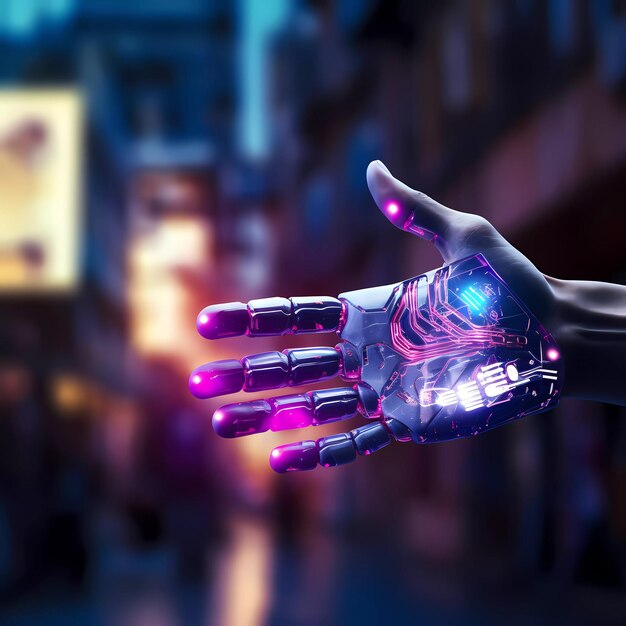 La mano robótica cibernética futurista en el estilo cyberpunk