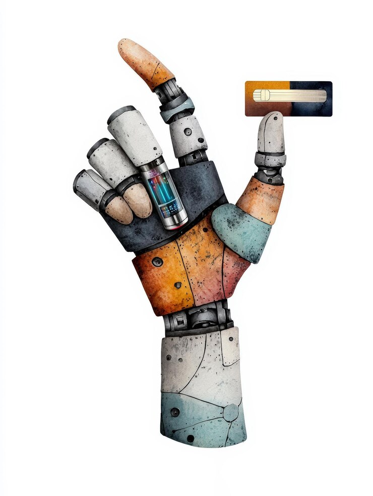 Una mano robótica colorida sosteniendo una tarjeta de crédito que simboliza la financiación tecnológica y la innovación en una era digital