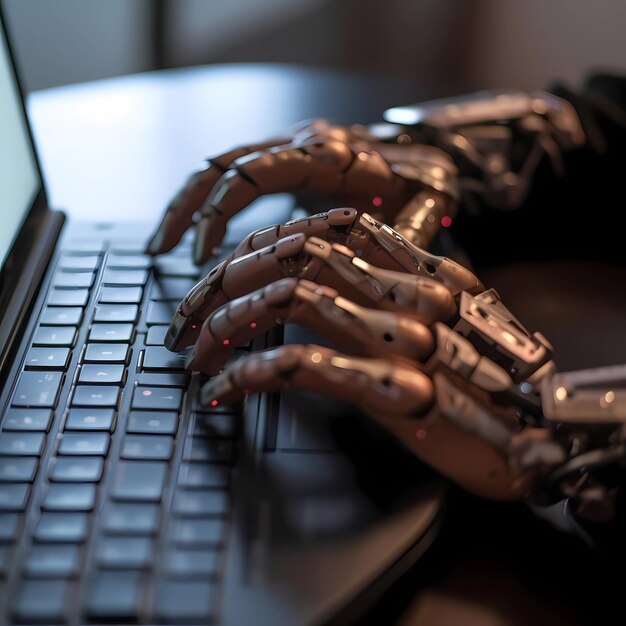 mano robótica escribiendo en el teclado la desaparición del trabajo humano en la futura tecnología creati