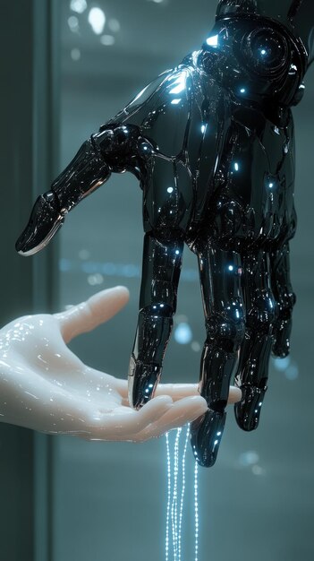 Una mano robótica extendiendo la mano a una mano humana que simboliza la conexión