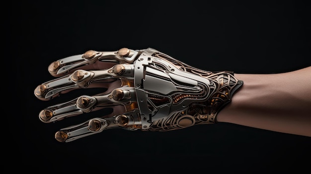 Foto una mano robótica fuerte y poderosa se muestra sobre un fondo blanco que resalta su intrincado diseño y textura metálica.