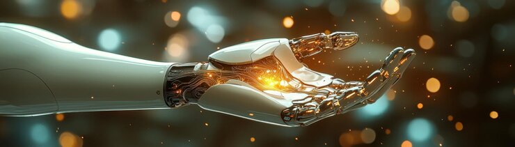 Una mano robótica futurista se extiende con gracia mostrando detalles intrincados y elementos brillantes que evocan una sensación de asombro e innovación