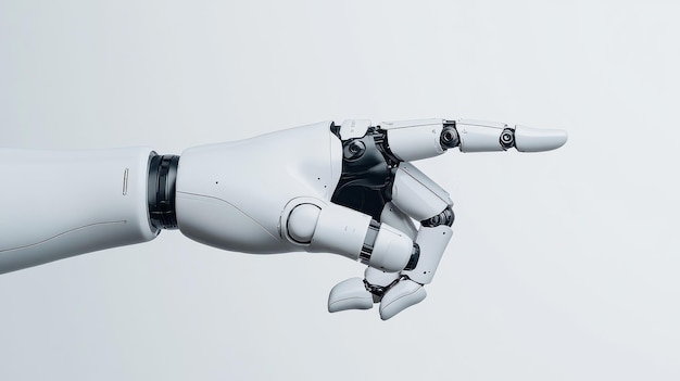 La mano robótica futurista que señala hacia adelante