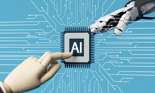Mano robótica haciendo contacto con la mano humana tocando el chip AI en un fondo lleno de tableros de circuitos de tecnología renderizado 3d