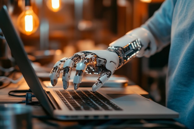 Una mano robótica interactúa con una computadora portátil que simboliza el futuro de la tecnología de la inteligencia artificial