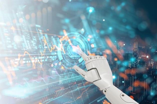 Mano robótica interactuando con interfaz futurista conexión a la red de grandes datos Intercambio de datos profundo